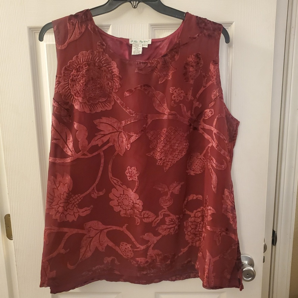 Ulla Popken sz 24/26 burgundy velvet floral oversize slvless top boho feminine‎